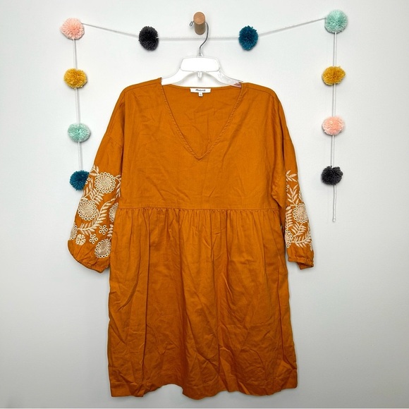 Madewell Embroidered-Sleeve Mustard Popover Dress - Picture 1 of 9